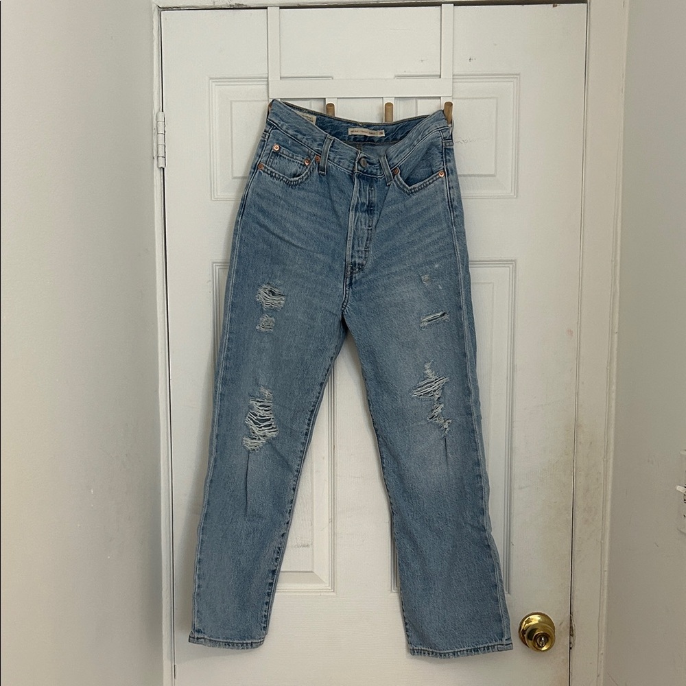 Levi’s Ribcage Light Wash Blue Distressed Straight Leg High Waisted Jeans